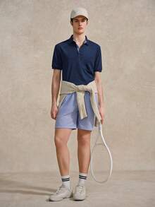 Courvante 男士條紋短袖休閒通勤 Polo 衫，適合網球高爾夫，字母條紋皇家藍，附口袋，透氣，標準版型 - 寶藍色 - 查看 6