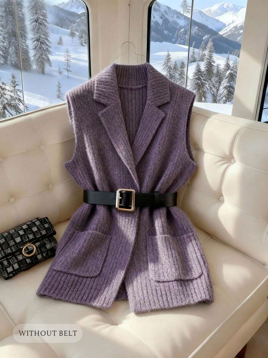 GlowEve 女士优雅休闲V领带口袋针织开衫背心，不含腰带 - 淺灰紫 - 查看 1