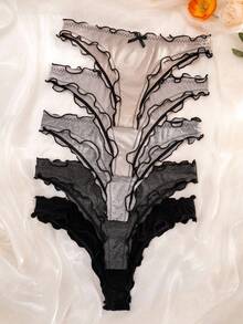 PetitDoll 5入組三角褲，邊緣波浪設計和荷葉邊裝飾的日常內褲 - 彩色 - 查看 5