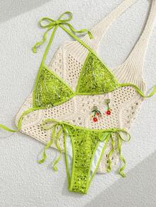 Bonvoyette Nuevo conjunto de dos piezas de traje de baño de verano con lentejuelas luminosas, bordado de peces oceánicos, corte alto con lazos laterales, copa triangular y color verde fosforescente de moda para todos - Verde - Ver 3