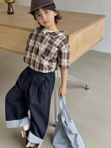 DAZY 男童时尚格子印花短袖衬衫，春夏款 - 棕色 - 查看 7