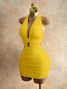 Mistrie Vestido de verano de mujer de unicolor simple con cuello halter, espalda descubierta y drapeado ajustado - Amarillo - Ver 4