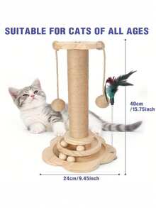 1PC Tall Wooden Multifunctional Cat Scratching Post Two Level Track Ball Interactive Feather Toy Hanging Balls Durable Mess Free Indoor Cats Kittens Adults Pet Supplies - Brown - View 11
