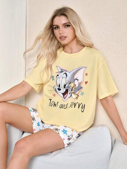TOM & JERRY X SHEIN Women's Cartoon Print Round Neck Short Sleeve Top And Shorts Pajama Set, Summer
