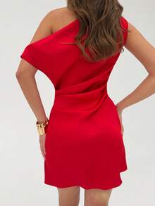 Aloruh Nuevo vestido mini ajustado con hombro asimétrico, cintura fruncida, diseño estilizante, color albaricoque - Rojo - Ver 2