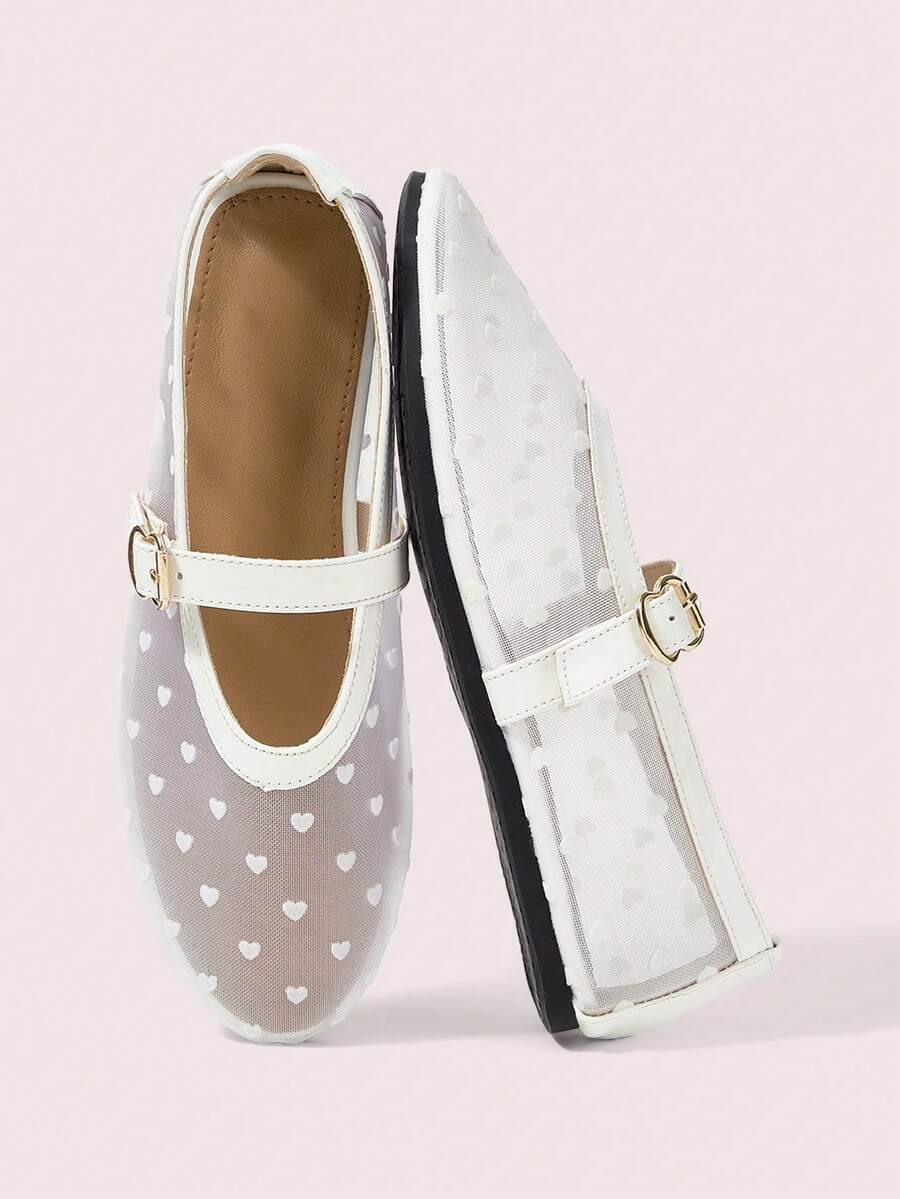 CUCCOO DOLLMOD 女士鞋履 爱心网面方头玛丽珍鞋，平底金属扣，甜美通勤约会优雅鞋 - 白色 - 查看 1