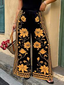 SHEIN LUNE Plus Size Women's Straight Solid Color Floral Casual Vacation Pants, Spring/Summer - Multicolor - View 3