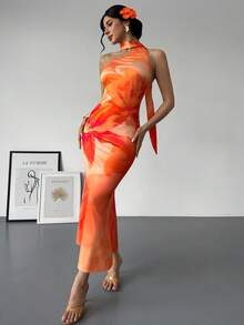 Rafferiza Đầm dài nữ thời trang, thanh lịch, gợi cảm, hở lưng, cổ yếm, bất đối xứng - Nhiều màu - Xem 2