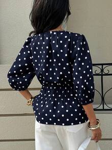 Siren Gaze Women's New Polka Dot Petal Sleeve Blouse - Navy Blue - View 2