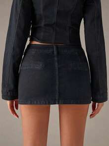 SHEIN BAE Women's Solid Color Short Denim Skirt With Belt Loop, Summer - Grey - View 2