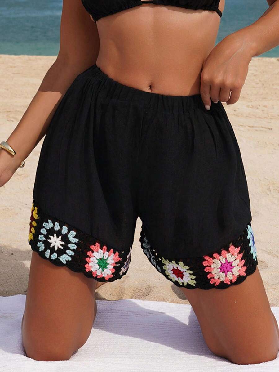 Swim Vcay Women's Crochet Loose Fit Coverup Shorts, Vacation Style - Black - View 1