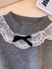 Franclia Suéter de punto nuevo para mujer de primavera/verano, diseño elegante y casual francés de ajuste ceñido, estilo coreano de alta gama con encaje, parche y manga farol con lazo - Gris - Ver 4