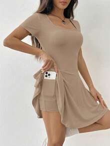 SHEIN EZwear 浅卡其色针织方领休闲运动迷你连衣裙，女式批发连衣裙，女士夏季连衣裙，高品质女装 - 卡其色 - 查看 3