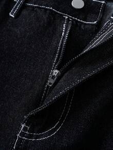 Manfinity Joysei 男士字母印花口袋宽松阔腿休闲牛仔裤 - 黑色 - 查看 3