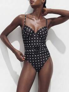 Maija Women's Polka Dot Print Camisole One Piece Swimsuit Vintage Swimsuit Polkadot Bikini Polka Dot Swimsuit Polka Dots Bathing Suit Bathing Suits For Women Polka Dot Women's Swimsuits Women's Bathing Suit Full Coverage Polka Dot Swimsuit One Piece One Piece Swimsuit Women - Black - View 3