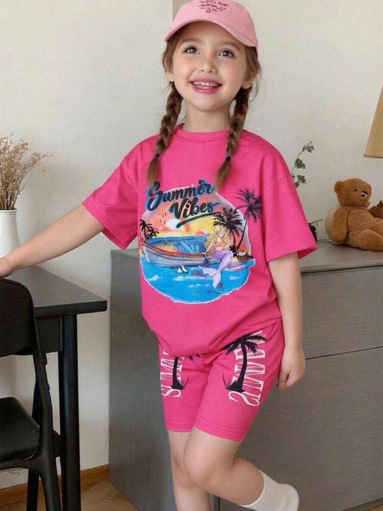 Young Girl Letter Graphic Tee & Shorts, School, Campus, College