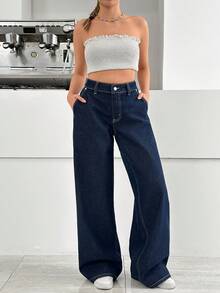 SHEIN Quần jean denim ống rộng cạp thấp, dáng suông, giặt thô - Rửa tối - Xem 3