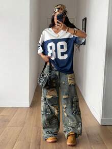 Coolane 女士夏季街头风休闲运动印花透气网眼宽松针织T恤 - 彩色 - 查看 5