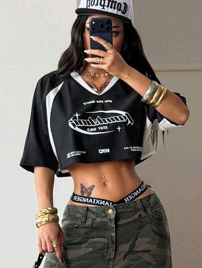Coolane 女士夏季巴西锐舞节街头服饰 Y2K 外出运动装巴西图案拼接露脐T恤