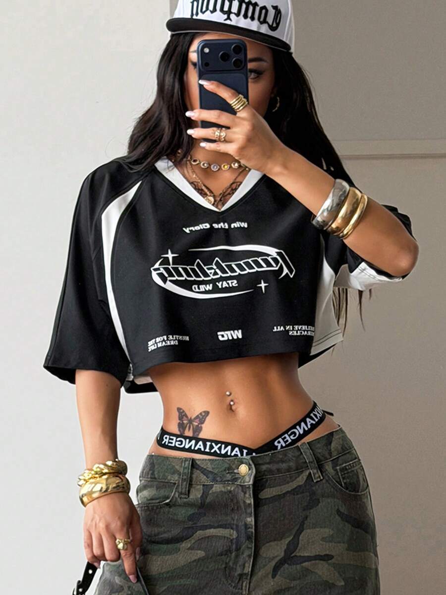 Coolane 女士夏季巴西锐舞节街头服饰 Y2K 外出运动装巴西图案拼接露脐T恤 - 黑與白 - 查看 1