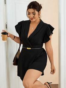 Lounesse Mono corto negro con cuello en V, mangas con volantes y cintura ceñida para mujer de talla grande, mono informal de talla grande para salidas, citas, verano, primavera/verano, vacaciones, bodas, graduación y festivales para mujeres de talla curvy - Negro - Ver 1
