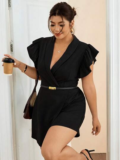 Lounesse Plus Size Women's V-Neck Ruffle Sleeve Cinched Waist Short Black Jumpsuit, Fashionable Casual Plus Size Jumpsuit