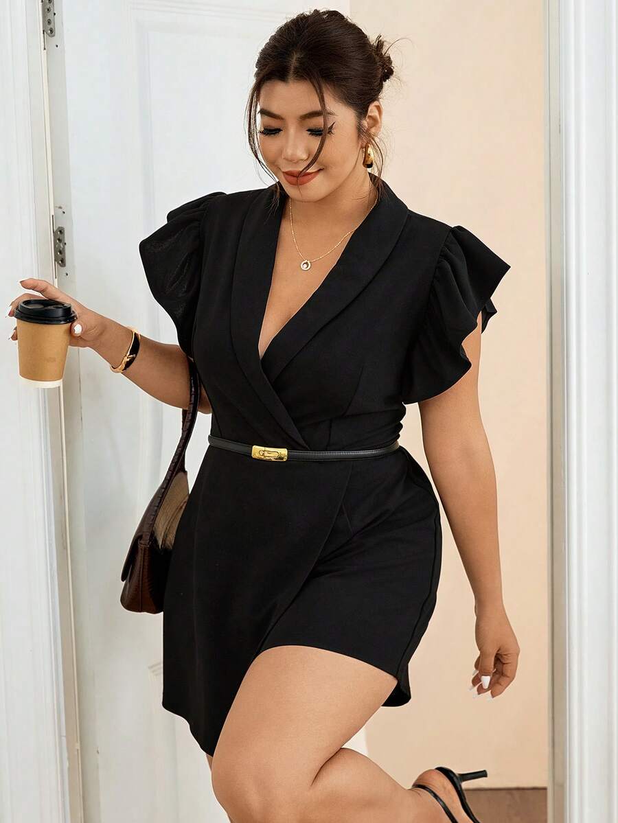 Lounesse Mono corto negro con cuello en V, mangas con volantes y cintura ceñida para mujer de talla grande, mono informal de talla grande para salidas, citas, verano, primavera/verano, vacaciones, bodas, graduación y festivales para mujeres de talla curvy - Negro - Ver 1