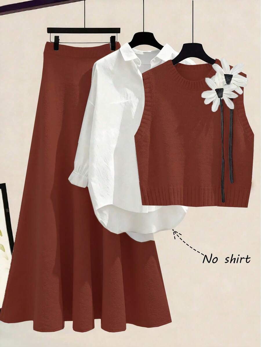 SHEIN LUNE 秋冬新款宽松碎花圆领无袖针织背心搭配碎花灰色A字针织中长裙,女士两件套毛衣套装 - 鏽棕色 - 查看 1