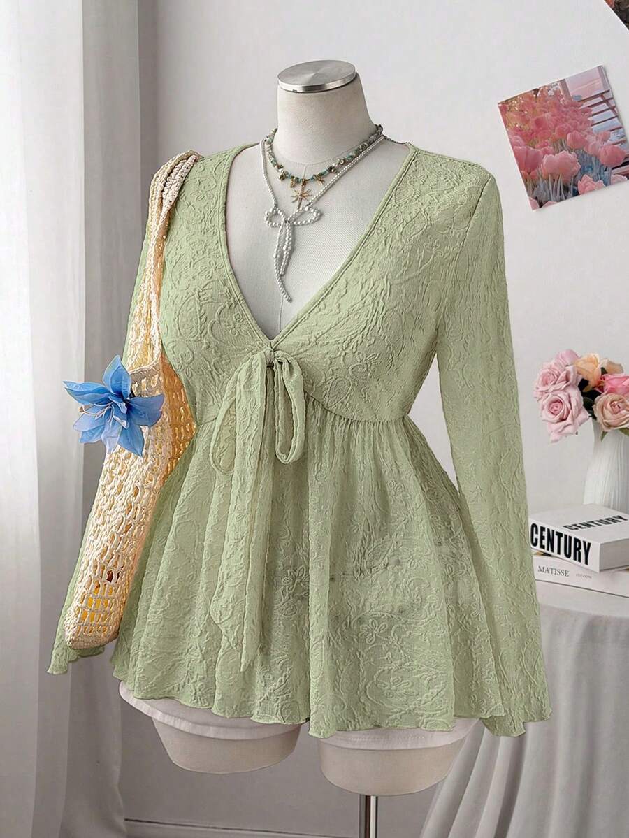 Sweetra Áo thun dài tay nữ cỡ lớn, kiểu dáng thường ngày, in họa tiết hoa điều, thích hợp cho việc đi làm. - màu xanh lá - Xem 1