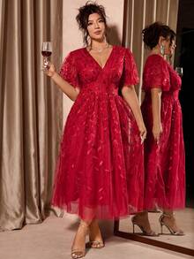 Allurite Plus Size Elegant V-Neck Mesh Sequin Ruffle Hem Party Dress, Red - Red - View 4