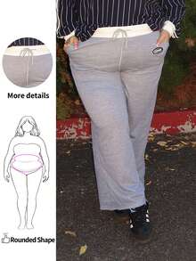 Enliva Plus Size Women Letter Print Drawstring Waist Pocketed Loose Fit Sweatpants, Dark Grey Graduation,Back To School Outfits,Graduation,Teacher Outfits For Women,Back To School Baggy Sweatpants Comfy Pants, For Apple Rounded Body Shape - Dark Grey - View 1