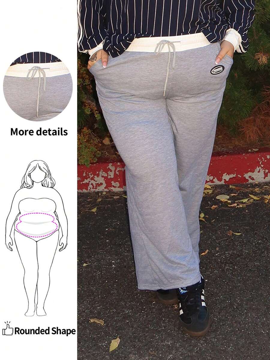 Enliva Plus Size Women Letter Print Drawstring Waist Pocketed Loose Fit Sweatpants, Dark Grey Graduation,Back To School Outfits,Graduation,Teacher Outfits For Women,Back To School Baggy Sweatpants Comfy Pants, For Apple Rounded Body Shape - Dark Grey - View 1