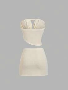 Sweetra Women's New Casual Sexy Draped Neck Patchwork Shell Top And Mini Skirt 2-Piece Set, Suitable For Vacation, Party, Beach, Romantic, White And Gold - Apricot - View 2