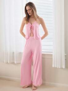 Ocili 柔软舒适的棉质蕾丝边浅粉色抽绳裤脚睡裤（女士款） - 粉色 - 查看 5