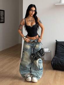 Coolane Women's Summer Concert Outfit Rave Outfit Festival Going Out Renaissance Fair Club Outfits Sexy Y2K Rib Knit White Notched Collar Truncated T-Shirt Tees - Black - View 2