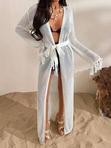 SHEIN Women Beach Kimono Belted Hollow Out Frill - White - View 7