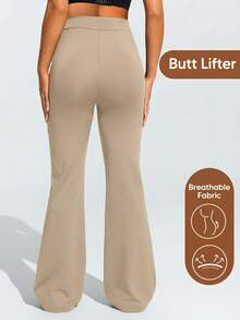 SHEIN Pantalones de maternidad de unicolor simple con bolsillo para teléfono, elásticos y transpirables - Caqui - Ver 2