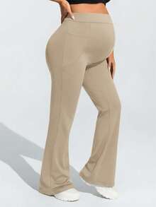 SHEIN Pantalones de maternidad de unicolor simple con bolsillo para teléfono, elásticos y transpirables - Caqui - Ver 7