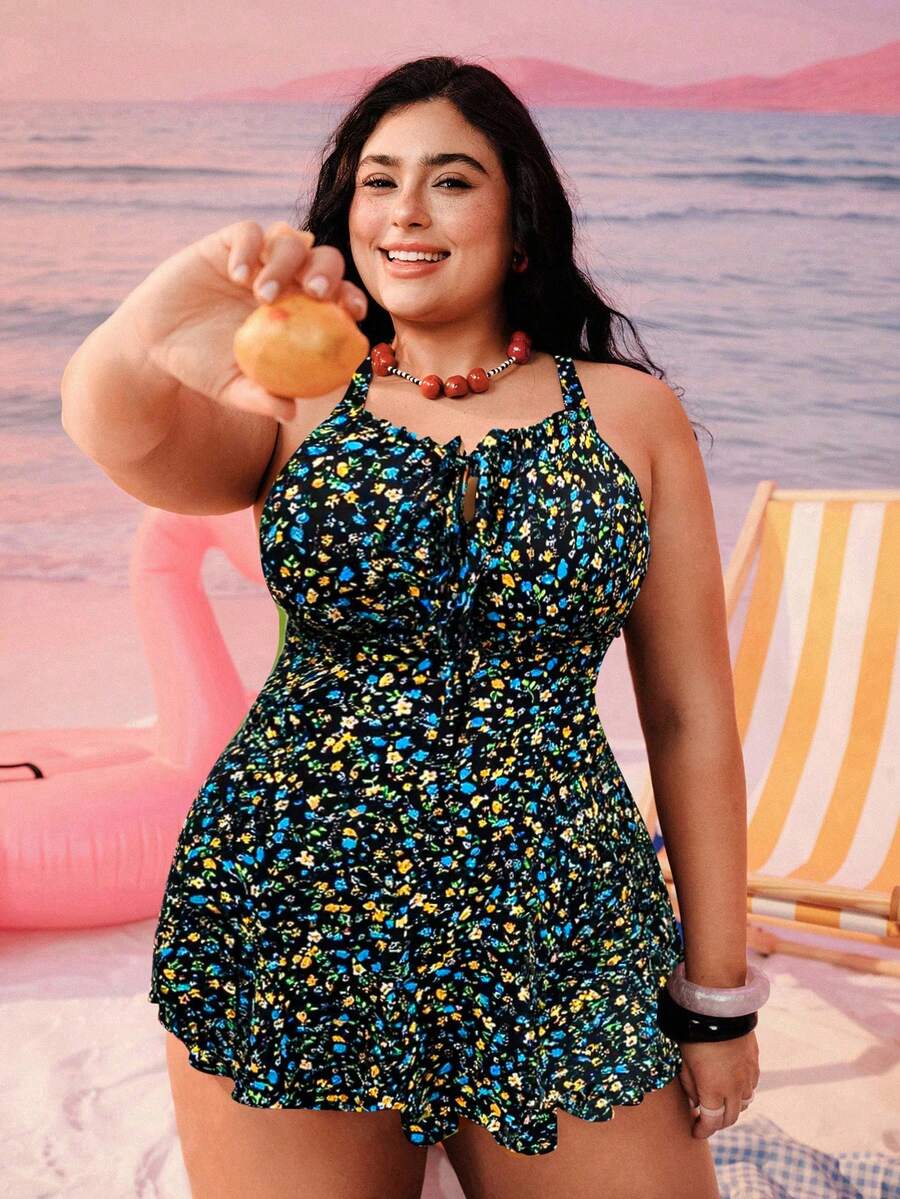Swim Mod Plus Size Ditsy Floral Tankini Swimsuit Set, Adjustable Shoulder Strap, Suitable For Vacation, Beach, Pool - Multicolor - View 1