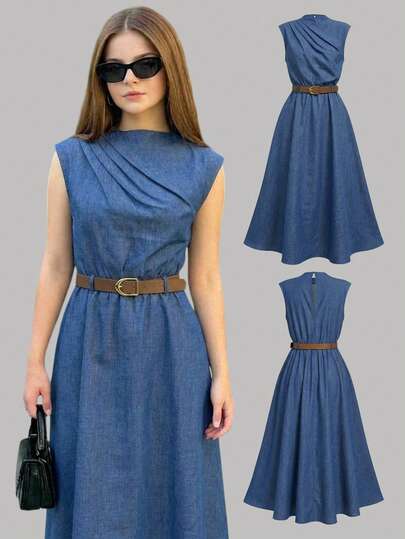 Pitira Teen Girls Casual High Neck Sleeveless Waist Cinched Blue Solid Color A-Line Dress With Belt, Back To School Season