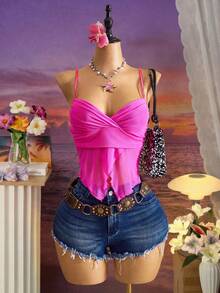 Femesol Women's Stretchy Mesh V-Neck Camisole Top - Hot Pink - View 3