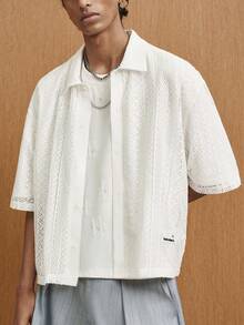 TOKVUE 男士单排扣休闲宽松镂空短袖衬衫 - 白色 - 查看 1
