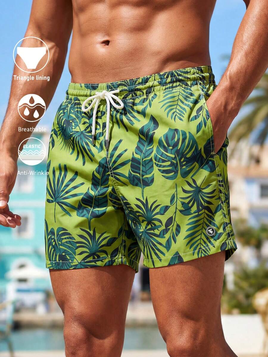 Horizaway 男士全印花弹力腰抽绳口袋休闲夏季沙滩裤 - 綠色 - 查看 1