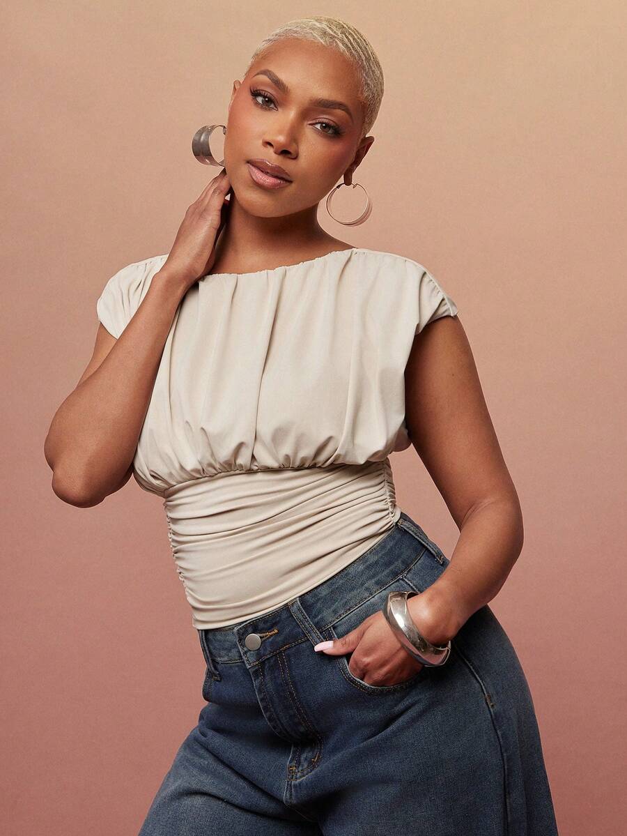 Vixey Top de manga corta con cuello alto, espalda baja asimétrica y pliegues en jersey liso - Albaricoque - Ver 1