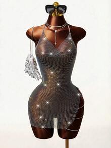 VaVaBold Vestido de malla de rejilla con nudo sin espalda y escote halter sin espalda con detalle de tachuelas de diamantes de imitación sin Set De lencería - Negro - Ver 1