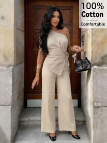 Aloruh Áo sơ mi nữ ngắn tay buộc dây, kiểu dáng tối giản, màu mơ sọc, xếp ly, thích hợp cho mùa xuân/hè. - Màu be - Xem 10