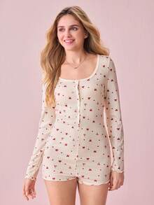 Bonmuse Women's Half-Zip Bow & Heart Print Cute Ribbed Knit Jumpsuit, Casual & Comfortable Long Sleeve - Multicolor - View 4