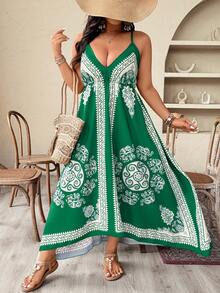 Weeklong Plus Size Summer Vacation Printed Asymmetric Hem Cami Dress - Green - View 5