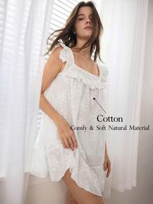Ocili 纯棉荷叶边花卉波浪下摆纯色波西米亚领柔软舒适简约睡裙女装 - 白色 - 查看 1