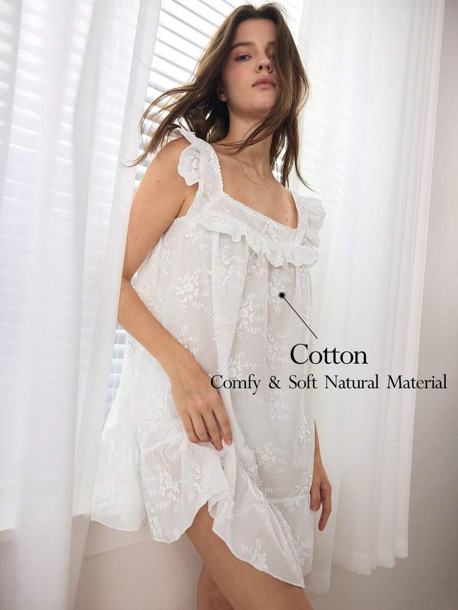 Ocili 纯棉荷叶边花卉波浪下摆纯色波西米亚领柔软舒适简约睡裙女装 - 白色 - 查看 1